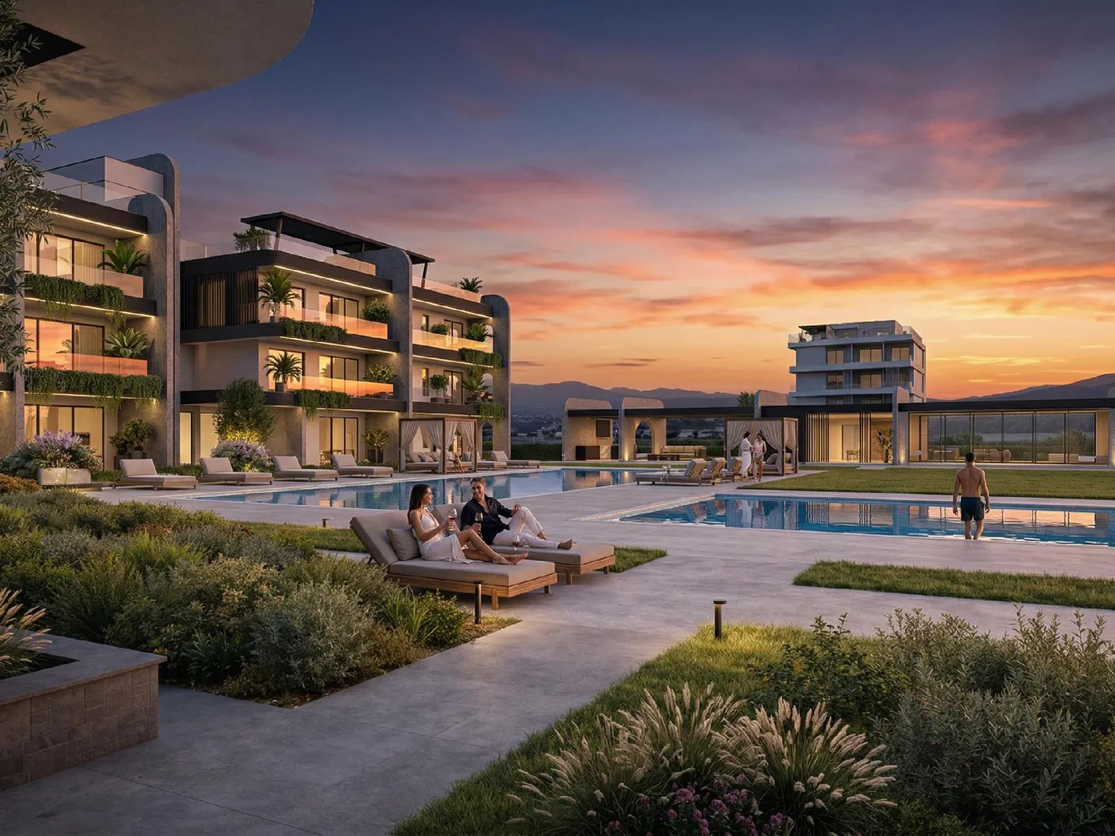 Indicative image of a communal pool and gardens
