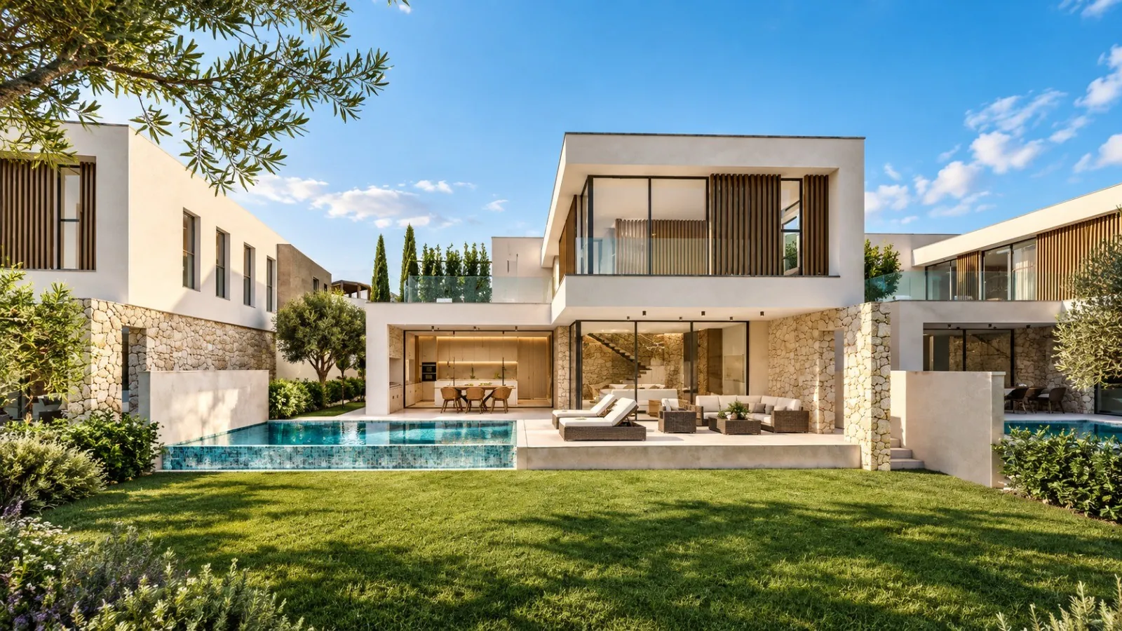 Concept render of a villa with a pool and garden